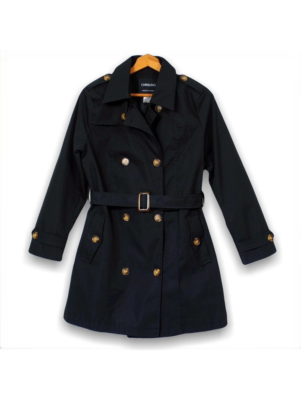 Womens Black Trench Coat Belted Double Breasted Mid Length Rain Jacket M